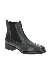 Marineblauwe leren enkelboots met een gladde afwerking, elastische zijkanten en een lage blokhak. Ontworpen voor gemakkelijk dragen en comfort.