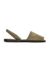 Suede green slingback sandals with a flat black sole, open toe design, and stitched accents along the edges. Minimalist style.
