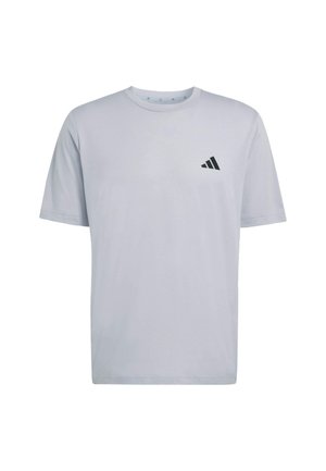 Lichtgrijs katoenen T-shirt met korte mouwen, een ronde halslijn en een zwart Adidas-logo op de linkerborst. Gladde textuur.