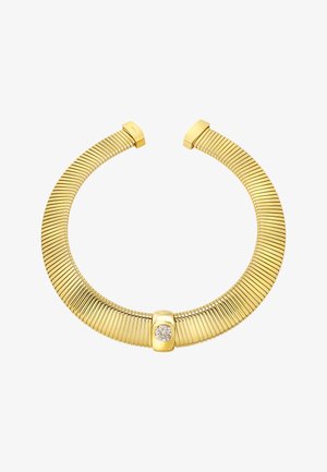 Collier choker doré avec un bandeau flexible présentant des rainures parallèles, un accent en diamant central et des embouts polis.