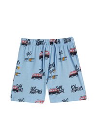 Lyseblå shorts med et legende print af røde varevogne, surfbrætter, palmetræer og teksten "Los Angeles", med en elastisk talje.