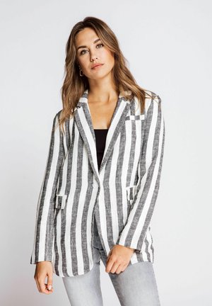 Striped blazer with gray and white linen fabric, single button closure, and two pockets. Tailored shape with notched lapels and long sleeves.