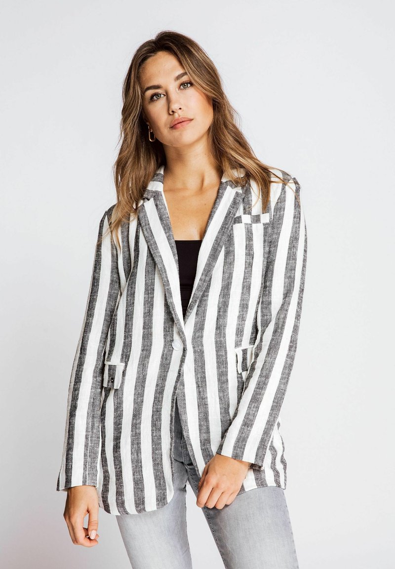 Striped blazer with gray and white linen fabric, single button closure, and two pockets. Tailored shape with notched lapels and long sleeves.
