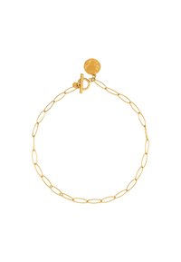 Pulsera de cadena chapada en oro con eslabones ovalados alargados, cierre de toggle redondo texturizado y detalle de disco redondo adicional.