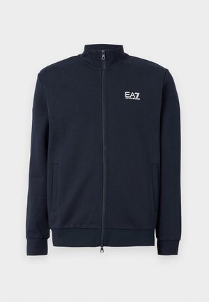 Navy zip-up sweatshirt with a high collar, two front pockets, ribbed cuffs, and a white EA7 logo on the chest. Smooth fabric texture.