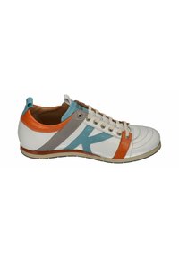 White leather sneaker with orange, blue, and gray accents, featuring a lace-up design and a contrasting rubber sole.