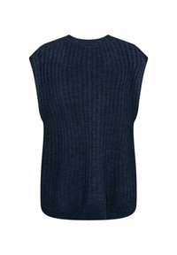 Jersey sin mangas en color marino con textura acanalada vertical, cuello redondo y corte relajado con dobladillo redondeado. El material parece suave y cálido.