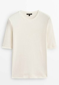 T-paita lyhyillä hihoilla, pyöreällä kaula-aukkolla pehmeästä ja kevyestä beige-kankaasta. Sujuva rakenne, rento istuvuus ja minimalistinen muotoilu. Ei graafisia yksityiskohtia.