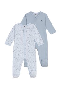 Twee babybodysuits met lange mouwen: één lichtblauw met sterpatroon en één blauw gestreept. Beide hebben drukknoopsluitingen en een voet ontwerp.