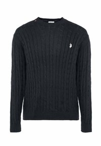 Maglione nero in maglia a trecce con collo a girocoste, maniche lunghe e piccolo logo ricamato sul petto a sinistra. Tessuto strutturato.