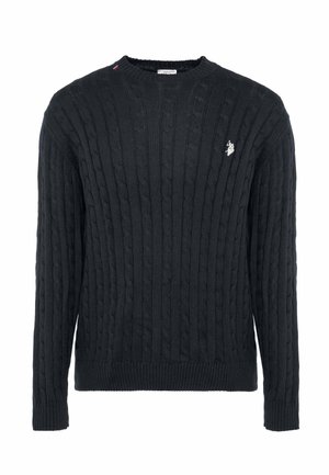 Maglione nero in maglia a trecce con collo a girocoste, maniche lunghe e piccolo logo ricamato sul petto a sinistra. Tessuto strutturato.