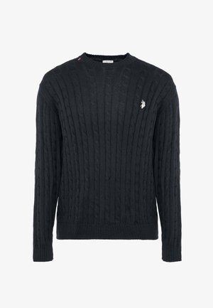 Maglione nero in maglia a trecce con collo a girocoste, maniche lunghe e piccolo logo ricamato sul petto a sinistra. Tessuto strutturato.