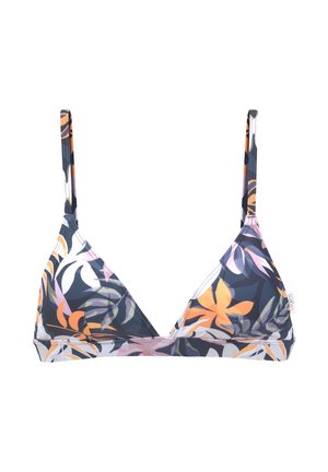 Dreieckiges Bikinioberteil mit verstellbaren Trägern, mit einem mehrfarbigen Blumenmuster in Orange-, Pink-, Lila- und Dunkelblautönen.