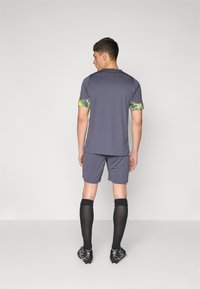 Γκρι αθλητική φανέλα με σχέδια σε πράσινες αποχρώσεις στα μανίκια, αντίστοιχες κοντές βερμούδες, μαύρες κάλτσες μέχρι το γόνατο και μαύρα παπούτσια, απεικονισμένα από πίσω.