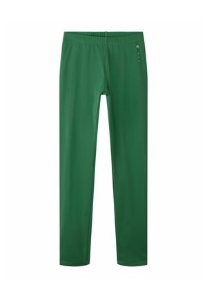 Leggings verts ajustés et longs avec un petit logo blanc près de la taille côté droit.