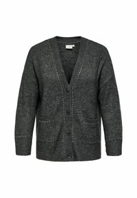 Cardigan lavorato a maglia grigio con scollatura a V profonda, tasche frontali e dettagli decorativi in perline lungo i bordi. Presenta una chiusura con bottoni.
