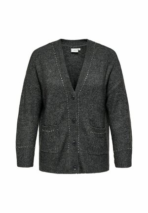 Cardigan en tricot gris avec un décolleté en V plongeant, poches avant et détails de clous décoratifs le long des bords. Dispose d'une fermeture à boutons.