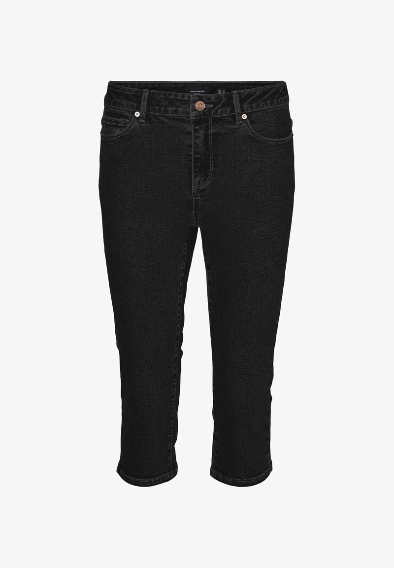 Jean court noir en denim avec fermeture par bouton et zip, poches avant et arrière, et passants de ceinture.