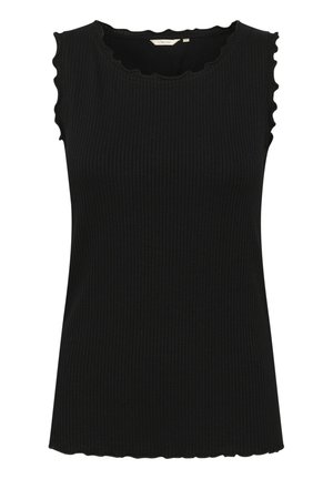 Melna ribota topiņa ar viļņotu dekoltē un rokām. Mīksta tekstūra, pieguļošs dizains un taisna apmale.