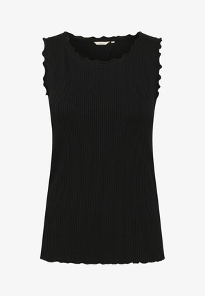 Melna ribota topiņa ar viļņotu dekoltē un rokām. Mīksta tekstūra, pieguļošs dizains un taisna apmale.