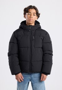 Black puffer jacket with hood, zippered front, and stitched panel design. Features elastic cuffs and a small zip pocket on the chest.