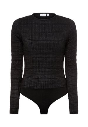 Bodysuit negro de manga larga con tejido texturizado que presenta rayas horizontales y un escote redondo. Diseño ajustado con un acabado liso en la parte inferior.