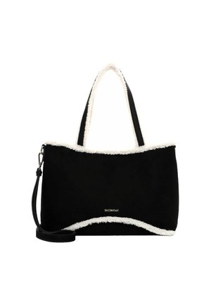 Schwarze Wildleder-Totetasche mit weißem Kunstfellbesatz, doppelten Griffen und abnehmbarem Schultergurt. Auf der Vorderseite befindet sich dezentes Branding.