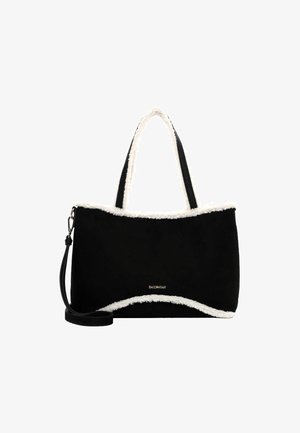 Schwarze Wildleder-Totetasche mit weißem Kunstfellbesatz, doppelten Griffen und abnehmbarem Schultergurt. Auf der Vorderseite befindet sich dezentes Branding.