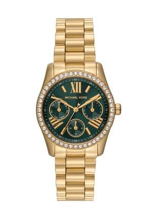 Gold metal wristwatch with green dial, Roman numerals, three subdials, and crystal-studded bezel, marked Michael Kors.