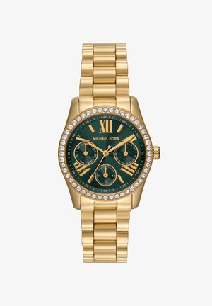 Gold metal wristwatch with green dial, Roman numerals, three subdials, and crystal-studded bezel, marked Michael Kors.