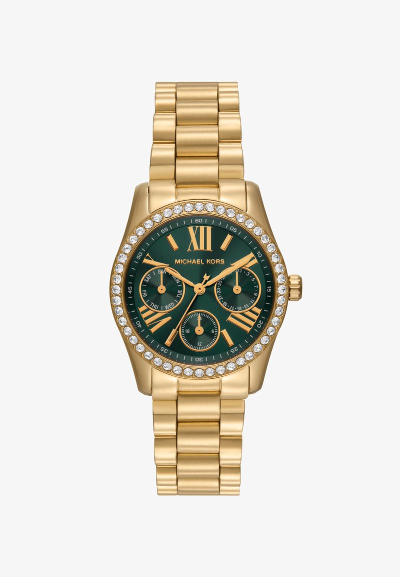 Gold metal wristwatch with green dial, Roman numerals, three subdials, and crystal-studded bezel, marked Michael Kors.
