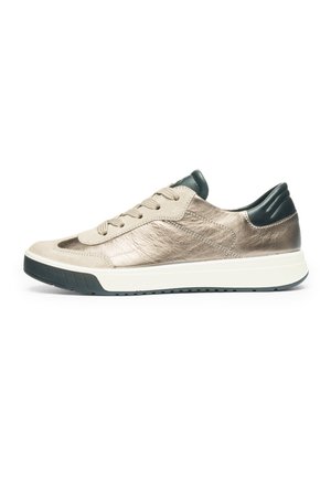 Sneakers with a metallic bronze finish, suede and leather material, low-top design, round toe, white midsole, and dark green accents on the heel.