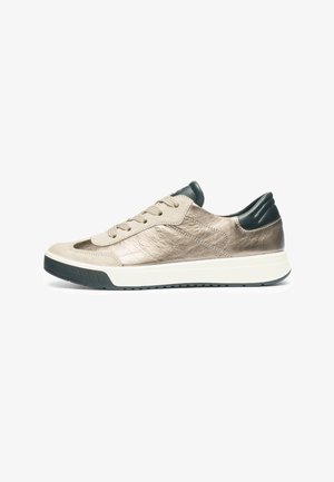 Sneakers with a metallic bronze finish, suede and leather material, low-top design, round toe, white midsole, and dark green accents on the heel.