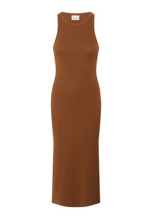 Pruun ilma varrukateta midi kleit, millel on keha lähedane lõige, valmistatud kudumiskangast. Omab ümmargust kaelust ja sujuvat, ühtlast tekstuuri.