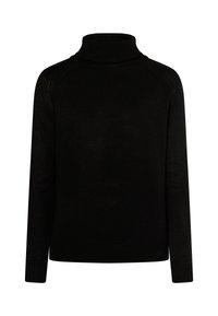 Schwarzer Rollkragenpullover in Rippoptik, mit langen Ärmeln und einer taillierten Silhouette. Verfügt über gestrickte Details am Kragen und an den Bündchen.