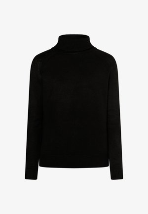 Black turtleneck sweater in a ribbed texture, with long sleeves and a fitted silhouette. Features knit detailing at the collar and cuffs.