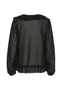 Sort gennemsigtig bluse med lange ærmer, flæsekrave og detaljering i kanten. Blødt stof, afslappet silhuet og elastiske mansjetter.
