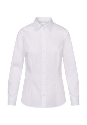 Hvid langærmet skjorte med knapper, spids krave og tilpasset talje, vist på hvid baggrund.