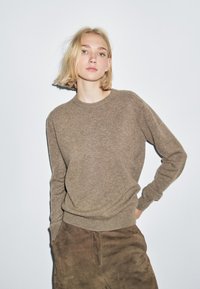 Maglione in lana marrone con collo tondo e maniche lunghe, abbinato a pantaloni scamosciati marrone scuro. Texture morbida, vestibilità rilassata. Design semplice.