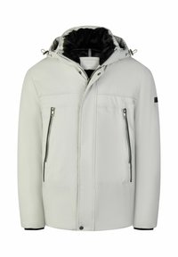 Lichtgrijze geïsoleerde winterjas met zwarte nepbontvoering, ritssluiting aan de voorkant, drukknoopsluiting en ritssluitingen aan de zijzakken.