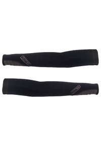 Black arm sleeves made of elastic material, featuring a textured accent near the wrist and a logo printed on the outer side.