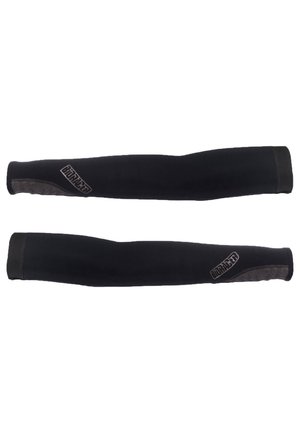 Black arm sleeves made of elastic material, featuring a textured accent near the wrist and a logo printed on the outer side.