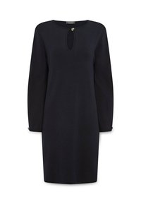Schwarzes langärmeliges knielanges Kleid mit Schlüssel-Ausschnitt und goldener Knopfverschluss am Hals, gerade Silhouette.