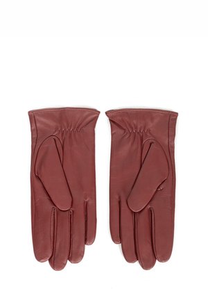 Skórzane rękawiczki w kolorze burgundowym z gładką teksturą. Posiadają marszczone szwy przy nadgarstku oraz podkreślający design palców.