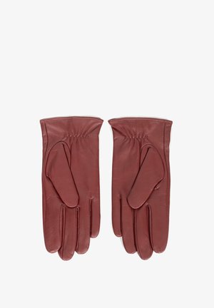 Skórzane rękawiczki w kolorze burgundowym z gładką teksturą. Posiadają marszczone szwy przy nadgarstku oraz podkreślający design palców.