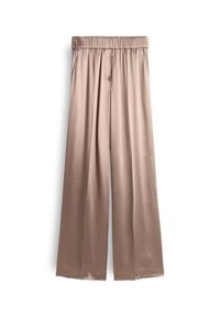 Lichtbruine satijnen wijde broek met een elastische tailleband en zijzakken, plat weergegeven op een witte achtergrond.
