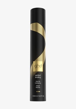 Grande bombe de laque noire avec motif spirale dorée étiquetée "ghd perfect ending final fix hairspray" 400 ml, 13,5 fl oz.