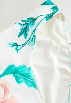 Tessuto costumi da bagno floreale con sfondo bianco, texture morbida e foglie turchesi abbinate a fiori rosa. Bordo collo notevolmente liscio.