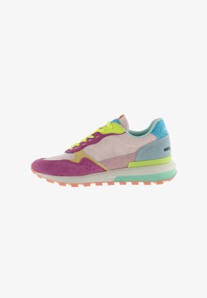 Sport shoes with a mix of materials, featuring pink, green, and blue accents, a textured suede upper, and a patterned rubber sole.