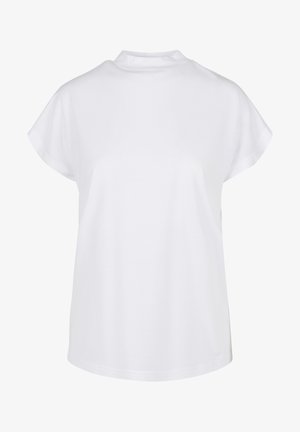 Biała bawełniana koszulka z okrągłym dekoltem, krótkimi rękawami typu cap oraz luźnym krojem. Gładka faktura bez wzorów i dodatkowych akcentów.